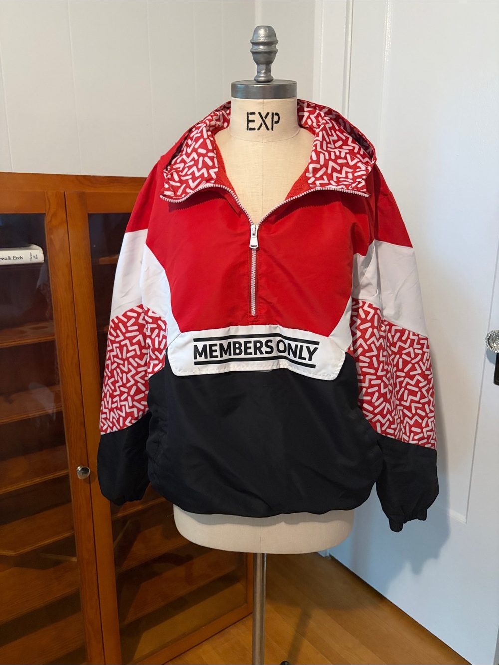 Members Only Red, Black & White Patterned Pullover Jacket
